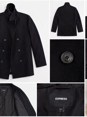 Express Black Double-Breasted Wool Peacoat with Stand Collar